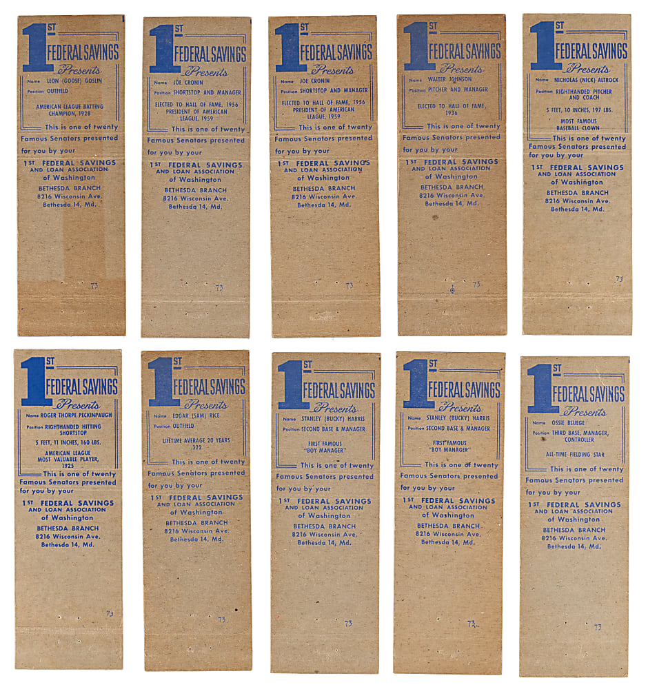 1959 First Federal Washington Senators Matchbooks (21) with (7) Hall of Famers Including Walter Johnson