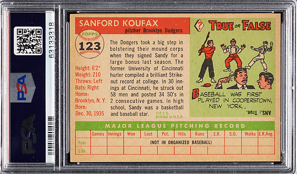 1955 Topps #123 Sandy Koufax Rookie PSA EX-MT 6