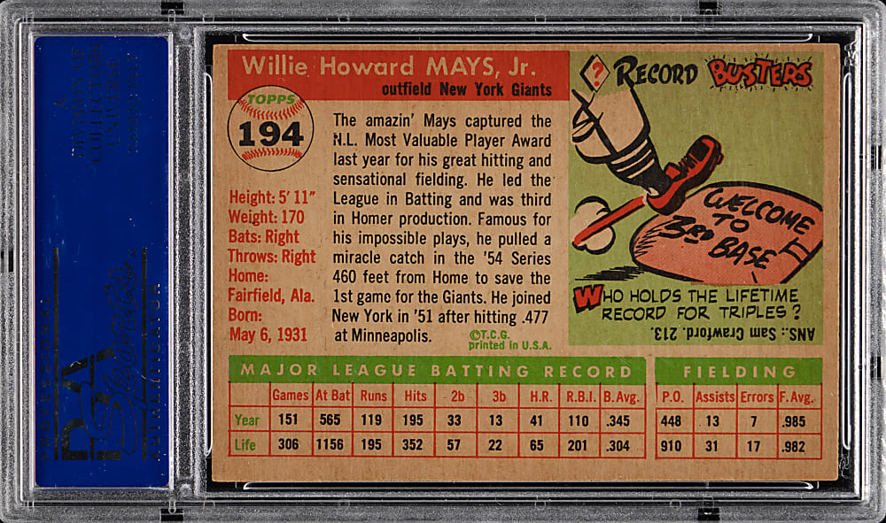 1955 Topps #194 Willie Mays PSA EX-MT 6