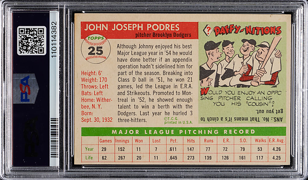 1955 Topps #25 Johnny Podres PSA NM-MT 8