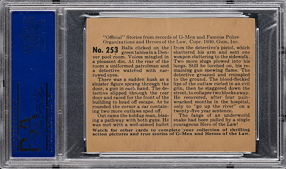 1936 R60 Gum Inc. G-Men & Heroes of the Law #253 "Snake of the Underworld" PSA NM-MT 8 - Highest Graded!