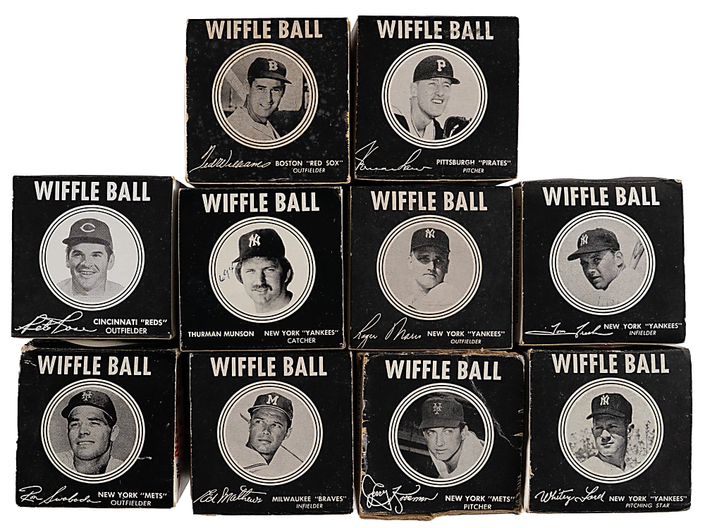1960s-1970s Junior Size Wiffle Ball & Box Collection (10) - All Different with Single Portrait Player Endorsed Including Maris, Munson, Rose & T. Williams