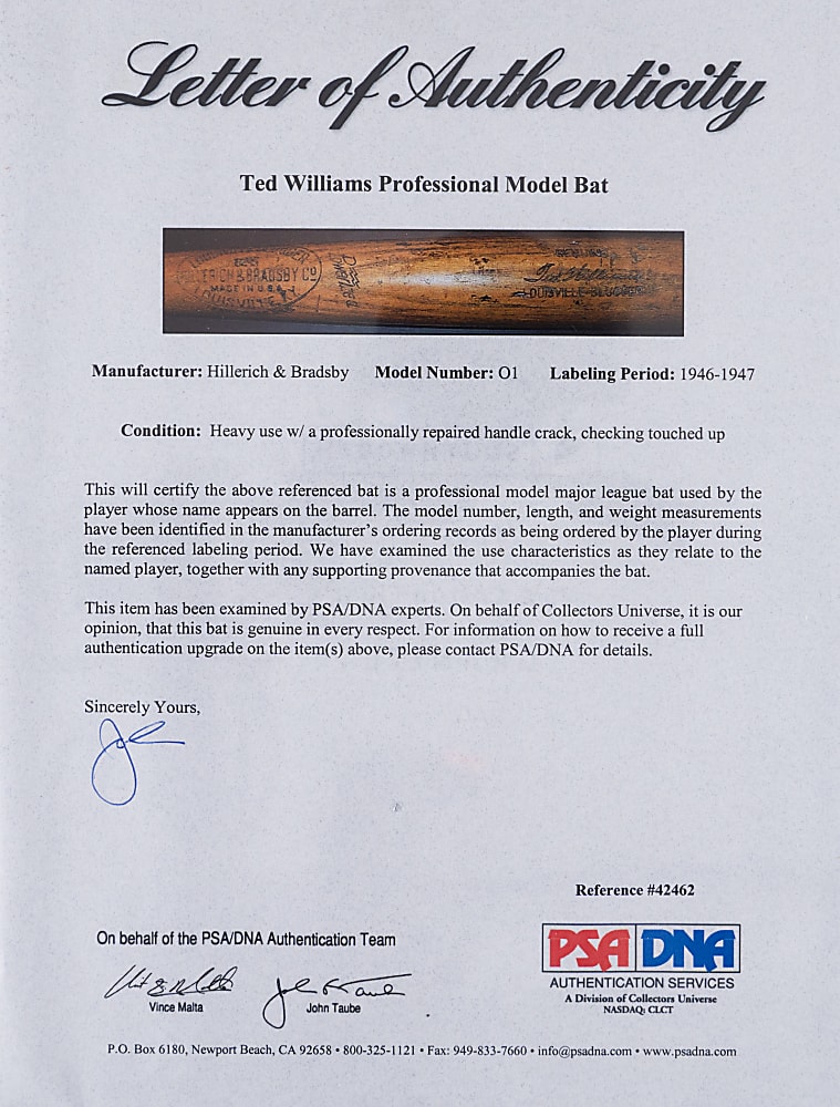 1946-1947 Ted Williams Boston Red Sox Game-Used Bat (MVP, Triple Crown, World Series Years) - PSA/DNA GU 8 & MEARS A8