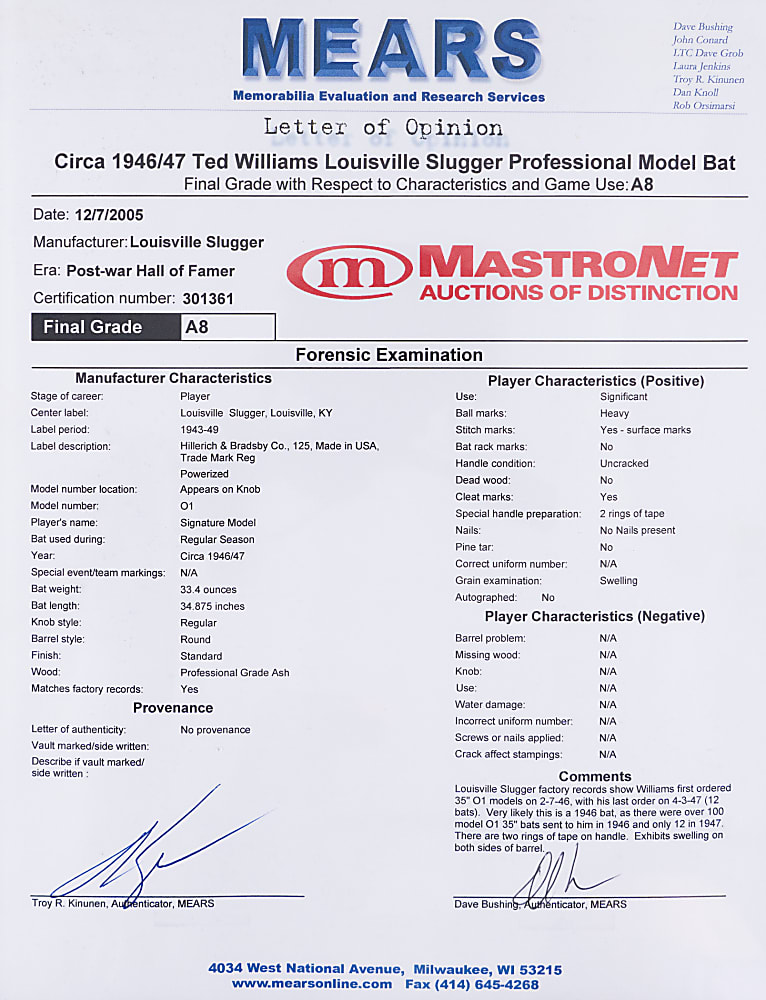1946-1947 Ted Williams Boston Red Sox Game-Used Bat (MVP, Triple Crown, World Series Years) - PSA/DNA GU 8 & MEARS A8