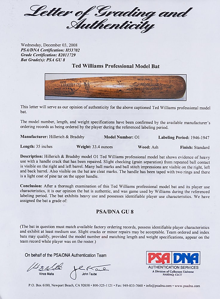 1946-1947 Ted Williams Boston Red Sox Game-Used Bat (MVP, Triple Crown, World Series Years) - PSA/DNA GU 8 & MEARS A8