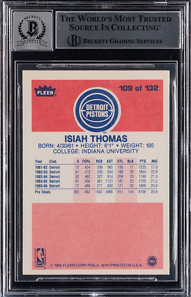 1986-1987 Fleer Basketball #109 Isiah Thomas Signed Rookie BGS 10 Autograph