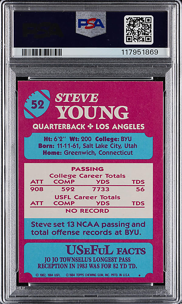 1984 Topps USFL Football #52 Steve Young Rookie PSA NM 7