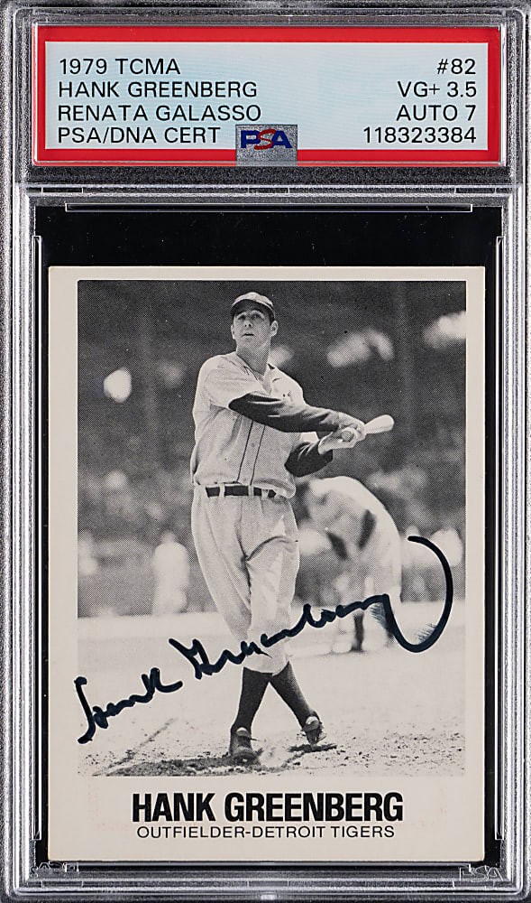 1979 TCMA Renata Galasso #82 Hank Greenberg Signed PSA VG+ 3.5 with Auto 7