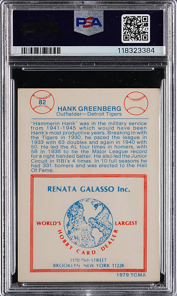 1979 TCMA Renata Galasso #82 Hank Greenberg Signed PSA VG+ 3.5 with Auto 7