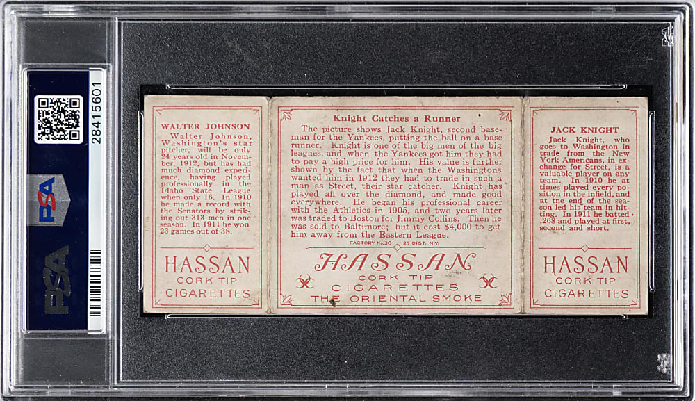 1912 T202 Hassan Triple Folders "Knight Catches a Runner" Walter Johnson/Jack Knight PSA VG 3