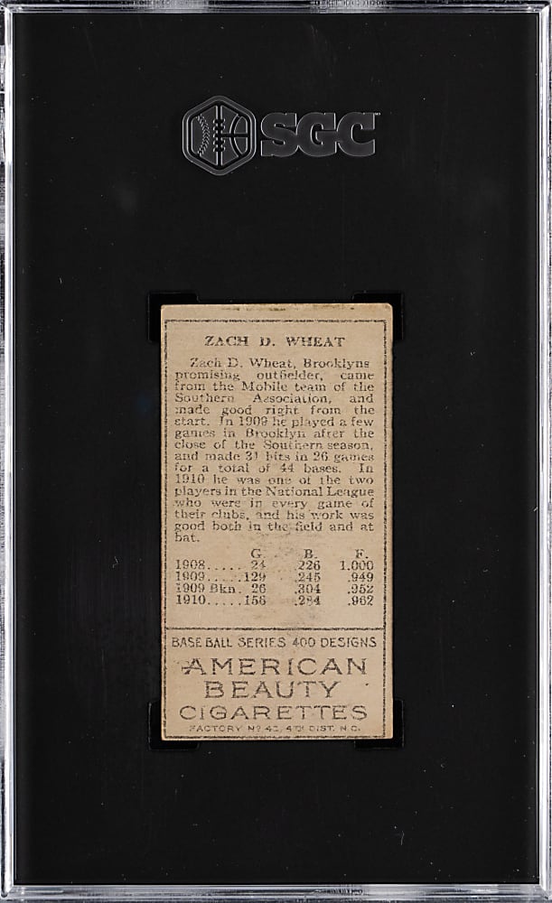 1911 T205 Gold Border Zack Wheat SGC VG 3 - American Beauty Back