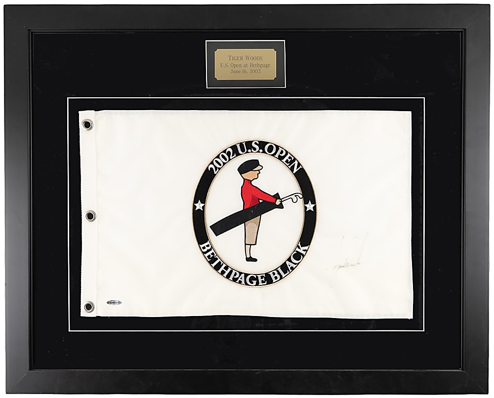 2002 Tiger Woods Signed Bethpage U.S. Open Flag in Framed Display – UDA Certified