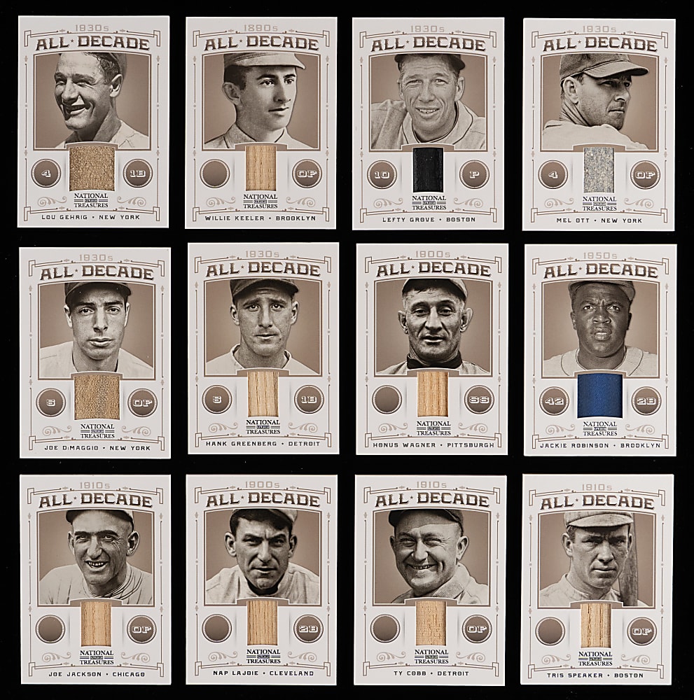2012 Panini National Treasures All-Decade Game-Used Relics Near Complete Set (34/40) with Cobb, Gehrig, J. Jackson & Wagner - All #/99 or Lesser