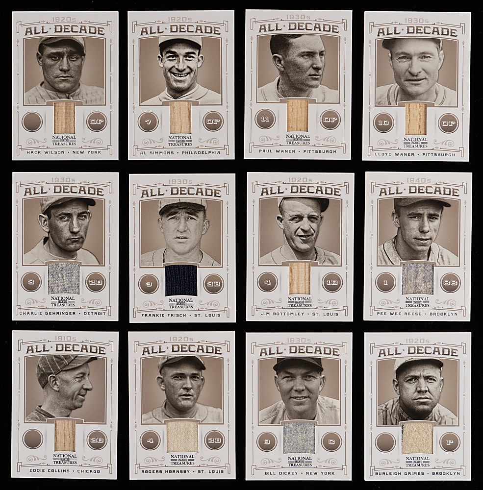 2012 Panini National Treasures All-Decade Game-Used Relics Near Complete Set (34/40) with Cobb, Gehrig, J. Jackson & Wagner - All #/99 or Lesser