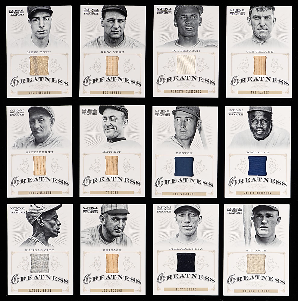 2012 Panini National Treasures Greatness Game-Used Relics Partial Set (29/40) with Cobb, Gehrig, J. Jackson, Paige & J. Robinson - All #/99 or Lesser