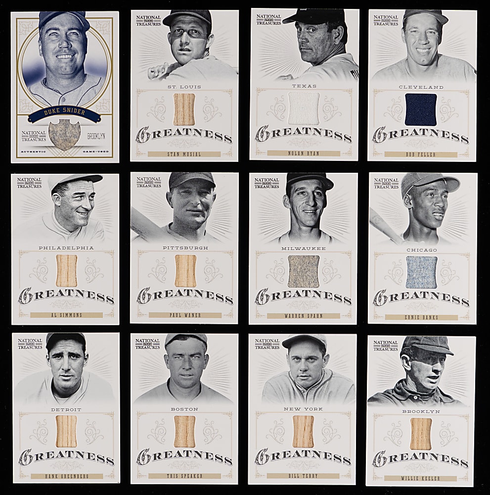 2012 Panini National Treasures Greatness Game-Used Relics Partial Set (29/40) with Cobb, Gehrig, J. Jackson, Paige & J. Robinson - All #/99 or Lesser