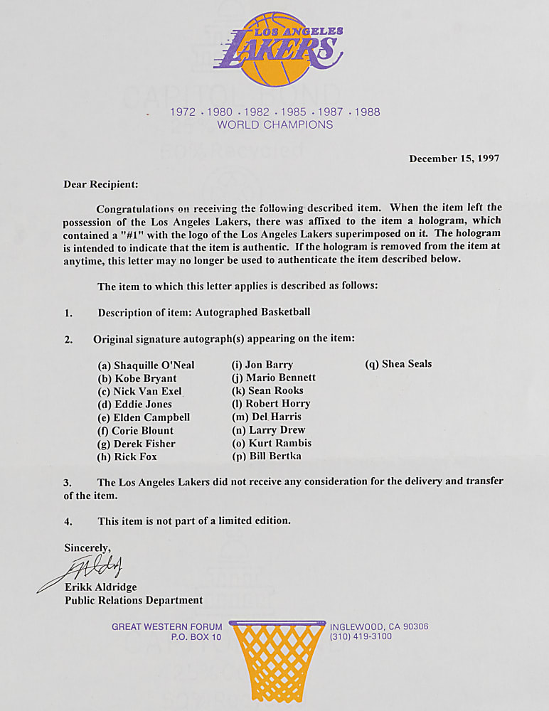 1997-1998 Los Angeles Lakers Team-Signed Basketball with (17) Signatures Including Shaquille O'Neal & Kobe Bryant - Full JSA LOA & Lakers LOA