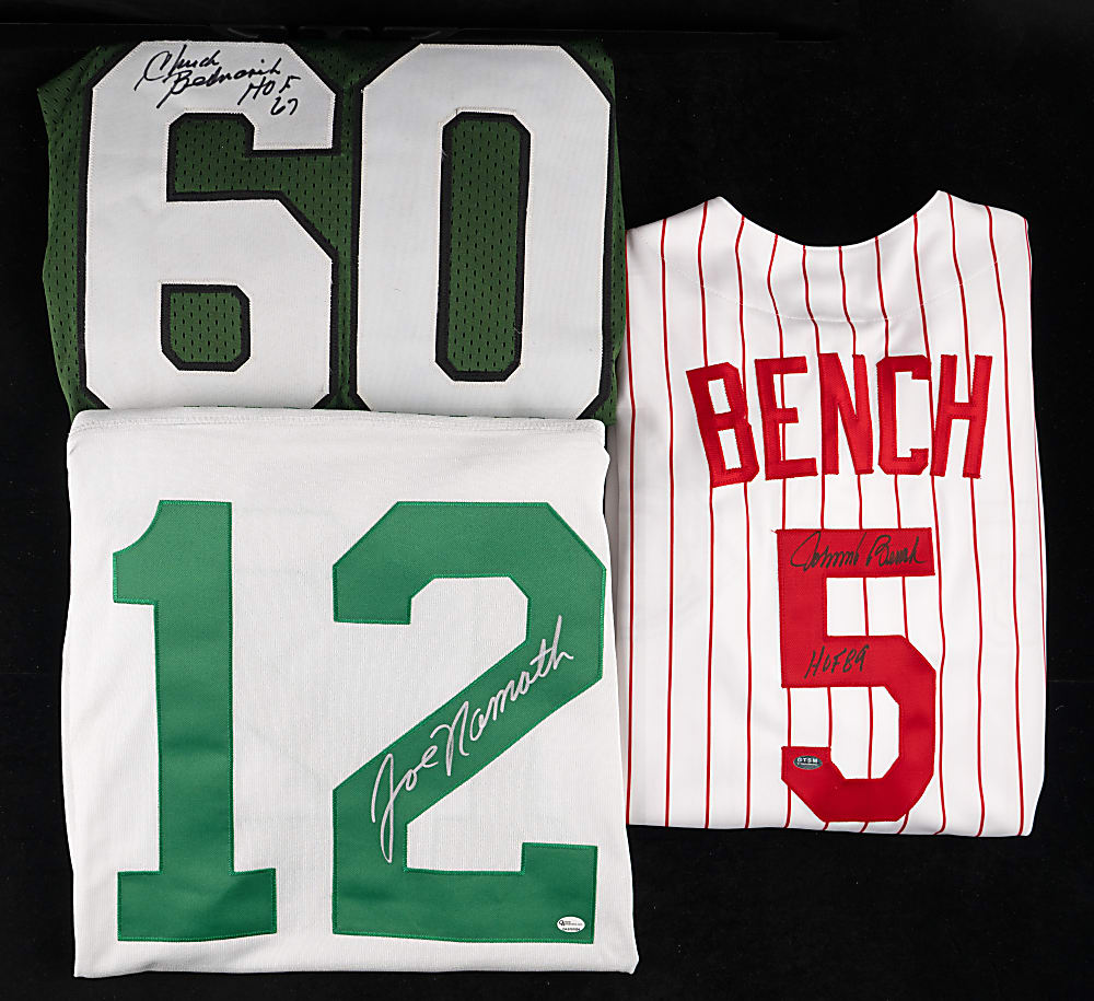 Multi-Sport Hall of Fame Signed Jerseys Group (3) with Bednarik, Bench & Namath