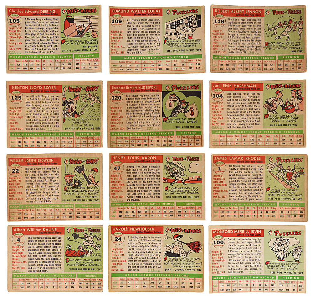 1955 Topps Partial Set (145/204) with Several Stars Including #47 Hank Aaron