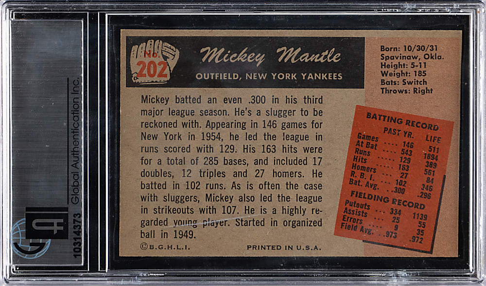 1955 Bowman #202 Mickey Mantle GAI MINT 9