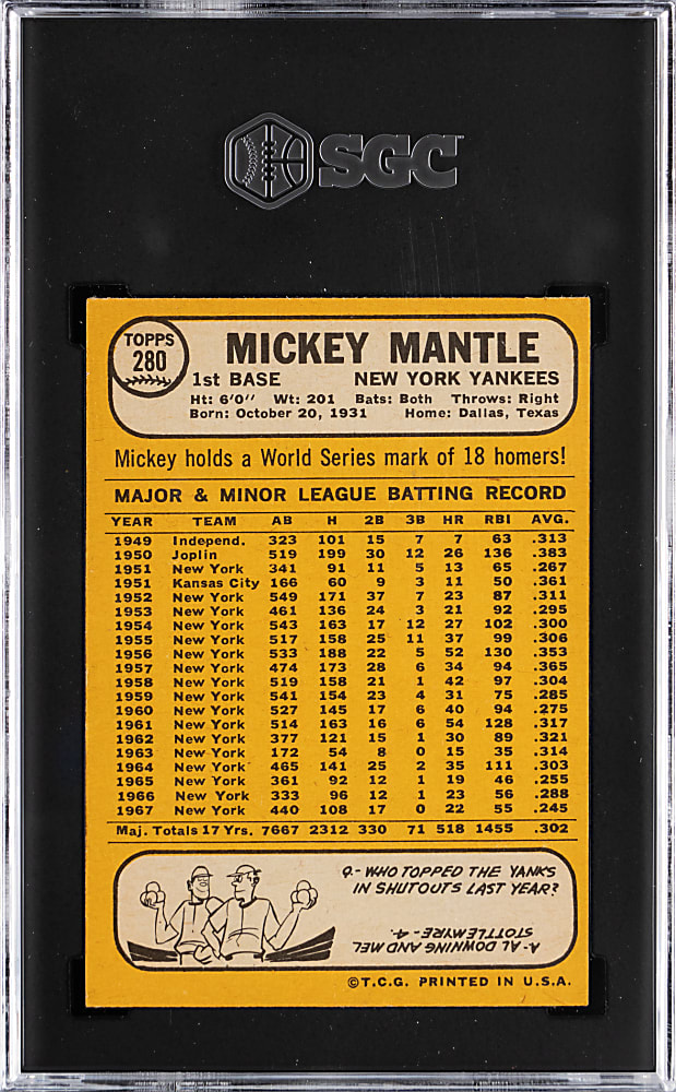1968 Topps #280 Mickey Mantle SGC VG 3