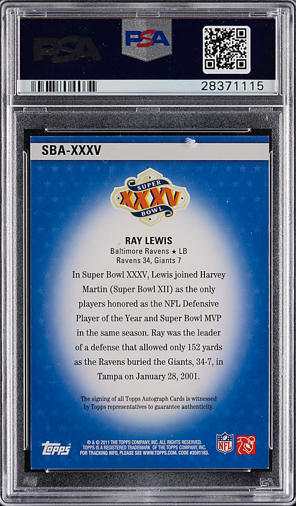 2011 Topps Super Bowl Legends #XXXV Ray Lewis Certified Autograph #/25 PSA NM-MT 8