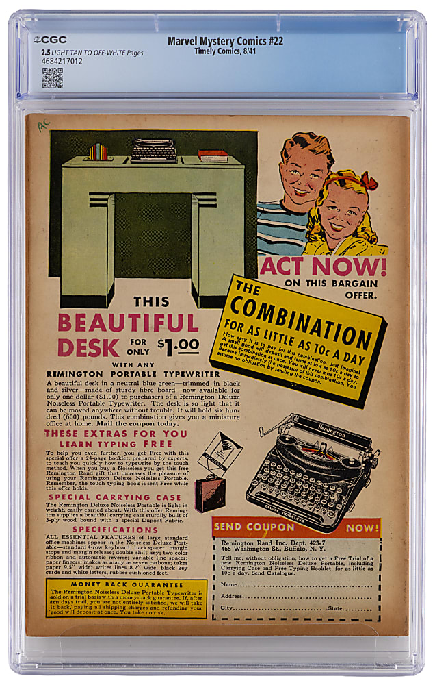 1941 Timely Comics Marvel Mystery Comics #22 Stan Lee Text Story - CGC 2.5