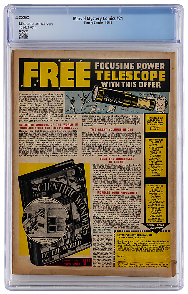 1941 Timely Comics Marvel Mystery Comics #24 Stan Lee Text Story, First Appearance of Parrot - CGC 3.5