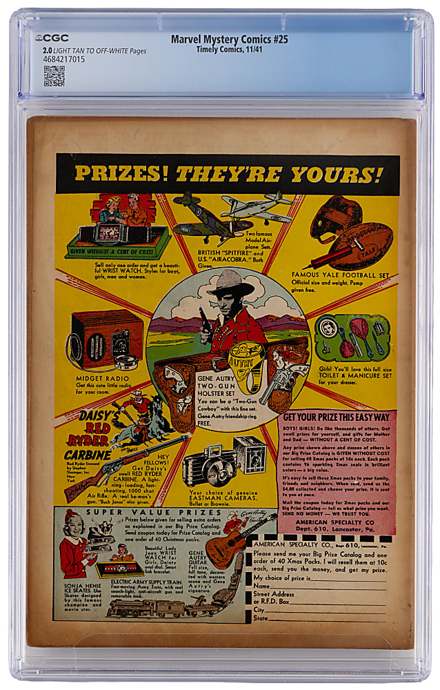 1941 Timely Comics Marvel Mystery Comics #25 Stan Lee Text story "Marvel Get Together - CGC 2.0