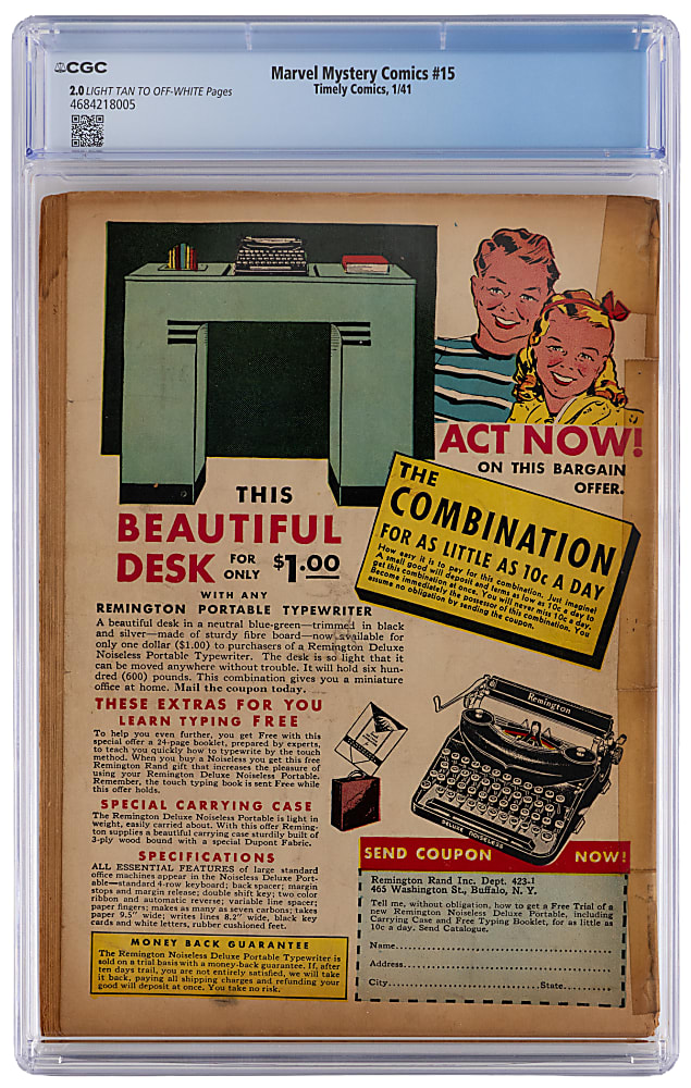 1941 Timely Comics Marvel Mystery Comics #15 Alex Schmoburg Cover - CGC 2.0