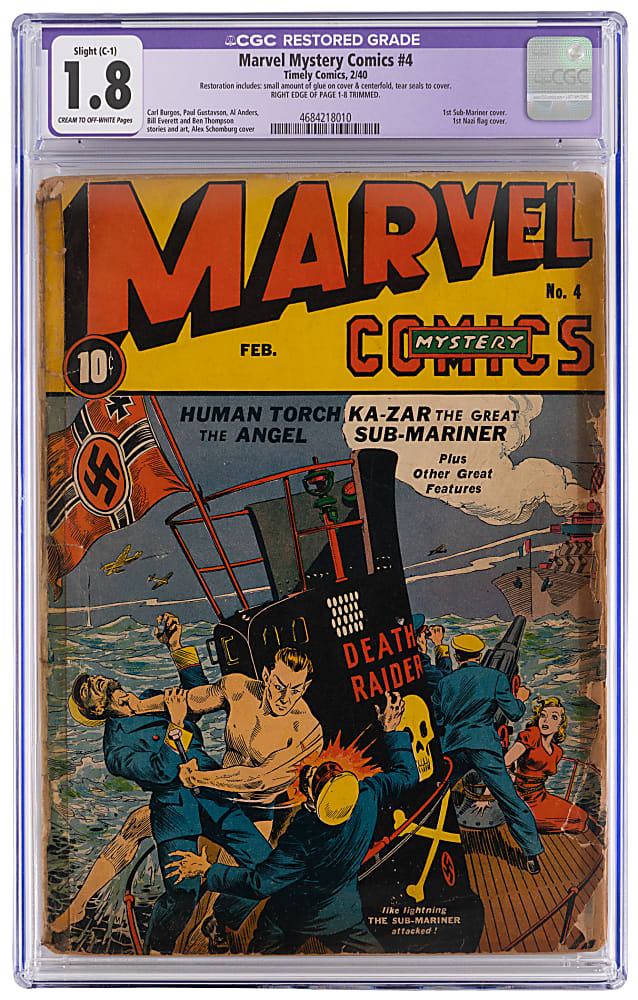 1940 Timely Comics Marvel Mystery Comics #4 First Sub-Mariner Cover - CGC 1.8 Restored Slight (C-1)