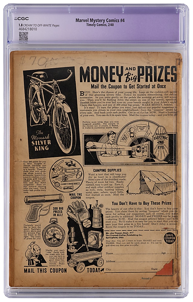 1940 Timely Comics Marvel Mystery Comics #4 First Sub-Mariner Cover - CGC 1.8 Restored Slight (C-1)