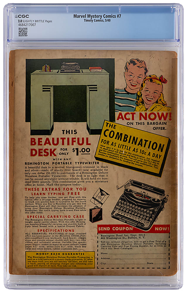 1940 Timely Comics Marvel Mystery Comics #7 Bondage Cover - CGC 2.0