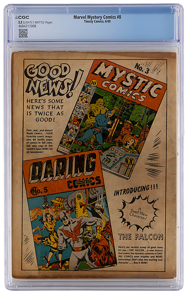 1940 Timely Comics Marvel Mystery Comics #8 Human Torch Versus Sub-Mariner Battle Begins - CGC 2.5