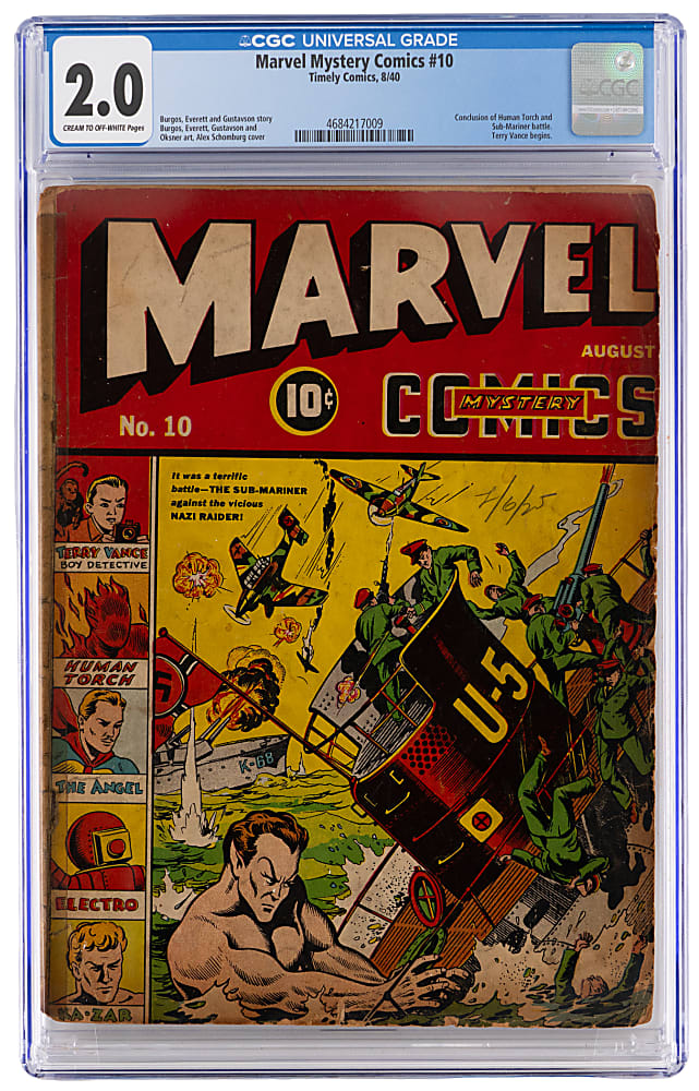 1940 Timely Comics Marvel Mystery Comics #10 Human Torch and Sub-Mariner Battle Conclusion - CGC 2.0