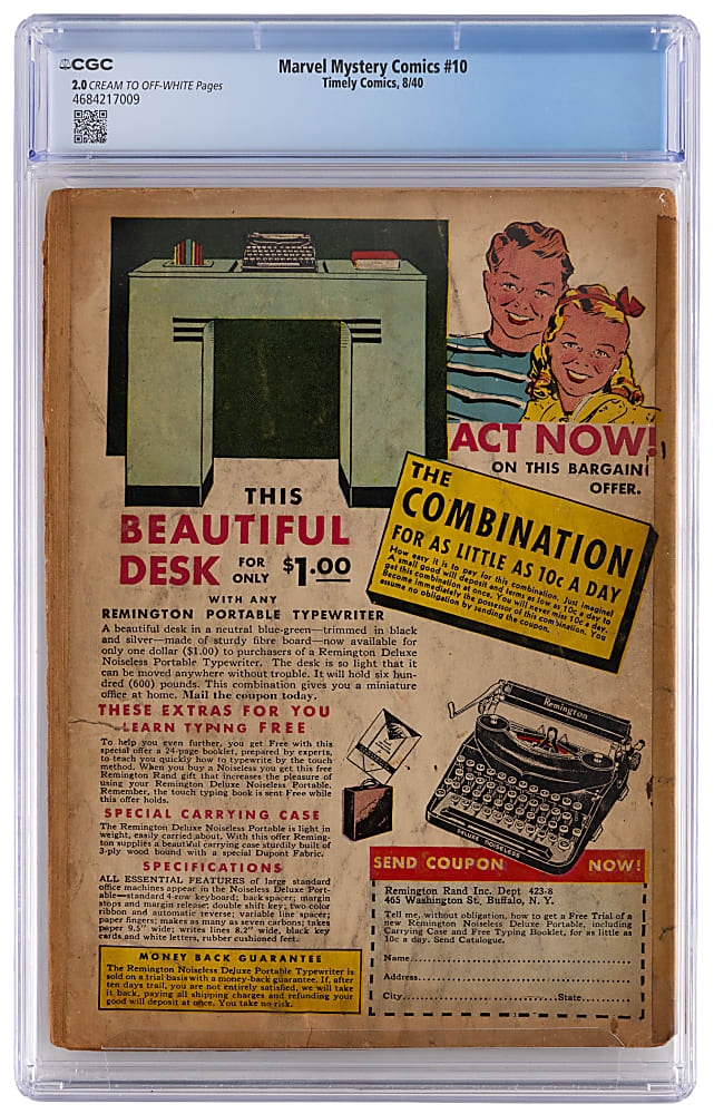 1940 Timely Comics Marvel Mystery Comics #10 Human Torch and Sub-Mariner Battle Conclusion - CGC 2.0