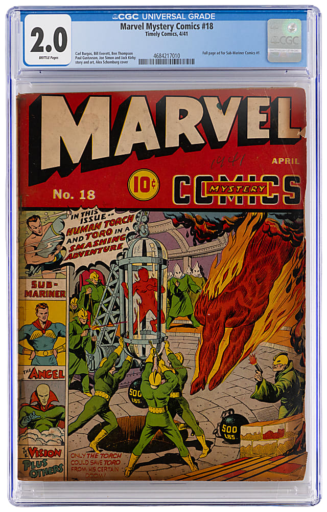 1941 Timely Comics Marvel Mystery Comics #18 Full Page Ads for Sub-Mariner #1 - CGC 2.0