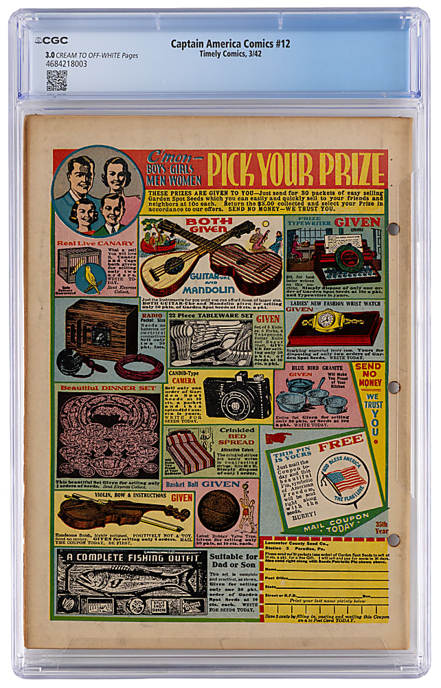 1942 Timely Comics Captain America Comics #12 Stan Lee and Otto Binder story, The Imp Begins - CGC 3.0