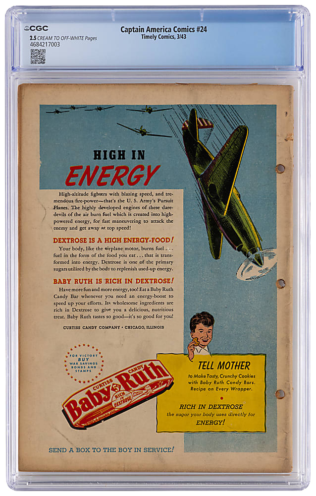 1943 Timely Comics Captain America Comics #24 Stan Lee Story, Syd Shores Cover - CGC 2.5