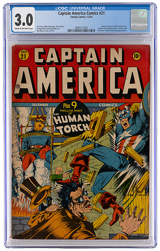 1942 Timely Comics Captain America Comics #21 Cap Battles Satan, President Franklin Roosevelt Appearance - CGC 3.0