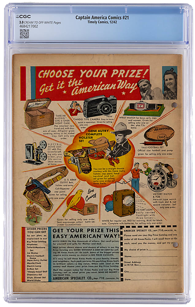 1942 Timely Comics Captain America Comics #21 Cap Battles Satan, President Franklin Roosevelt Appearance - CGC 3.0