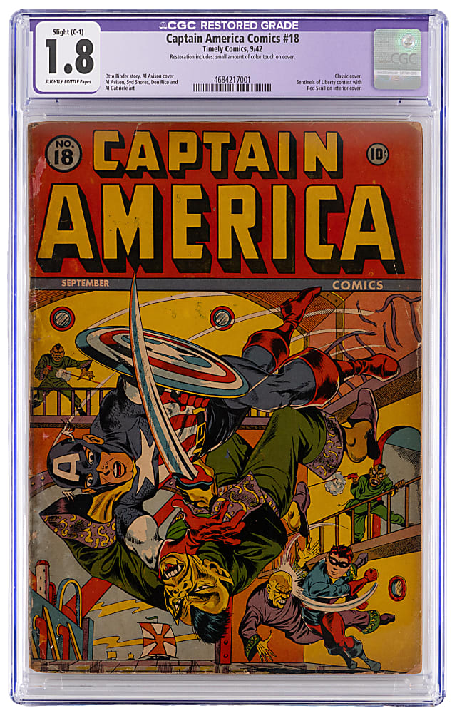 1942 Timely Comics Captain America Comics #18 Classic Cover by Al Avison - CGC 1.8 Restored Slight (C-1)