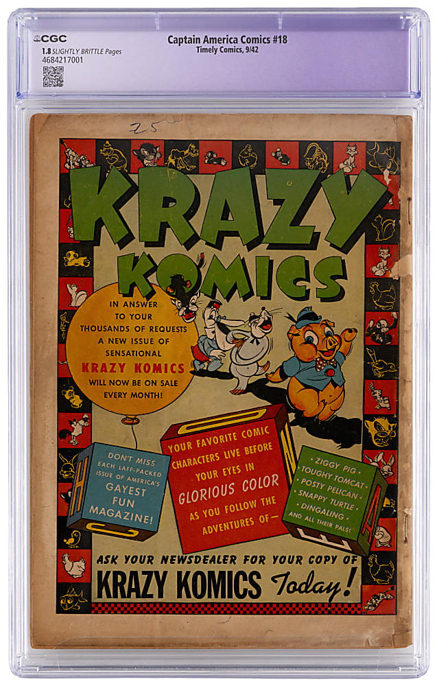 1942 Timely Comics Captain America Comics #18 Classic Cover by Al Avison - CGC 1.8 Restored Slight (C-1)