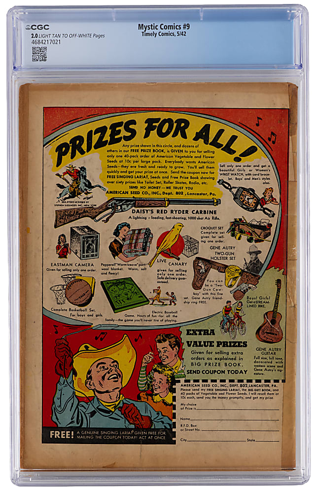 1942 Timely Comics Mystic Comics #9 Hitler/Bondage/Torture Cover - CGC 2.0