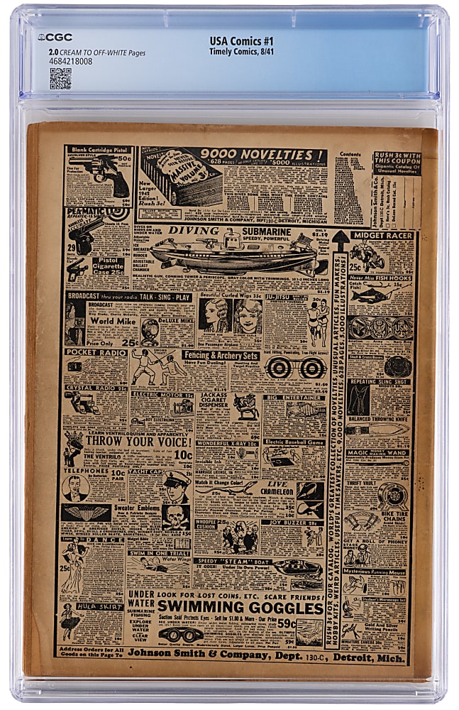 1941 Timely Comics USA Comics #1 First Appearance of Whizzer, Mister Liberty, Rocketman & Jack Frost - CGC 2.0