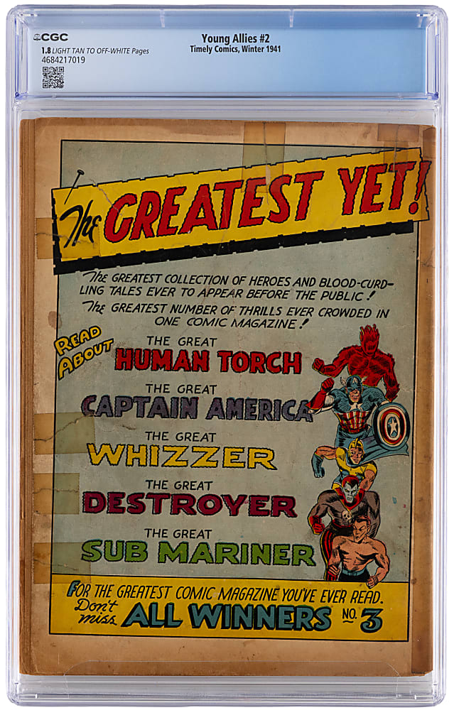 1941 Timely Comics Young Allies #2 Captain America & Human Torch Appearance - CGC 1.8