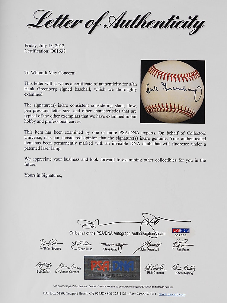 Hank Greenberg Single-Signed ONL/Feeney Baseball - Full PSA/DNA LOA