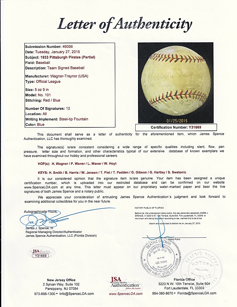 1933 Pittsburgh Pirates Team-Signed Official League Baseball with (12) Signatures Including Honus Wagner & Waner Brothers with Full JSA LOA