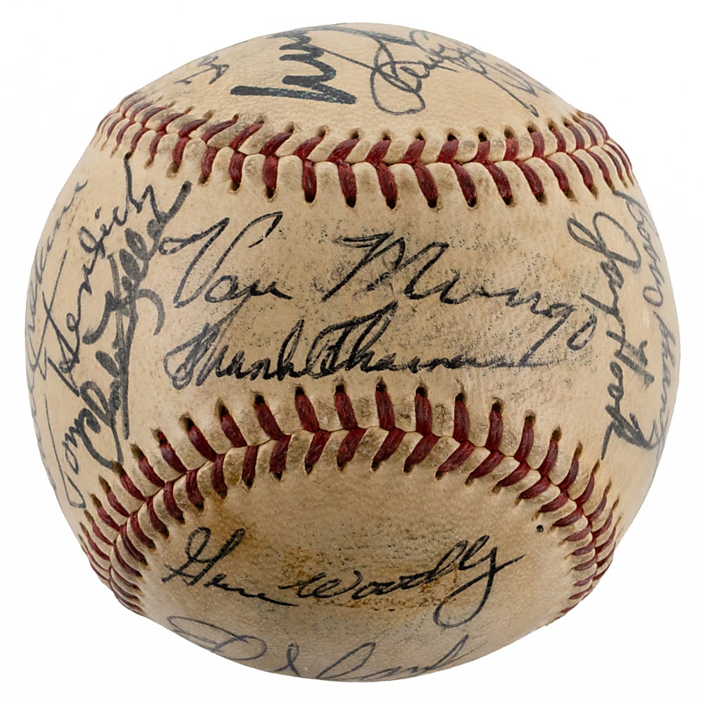 1950s New York Area Hall of Fame & Star Multi-Signed OAL/Harridge Baseball with (24) Signatures Including Casey Stengel with Full JSA LOA