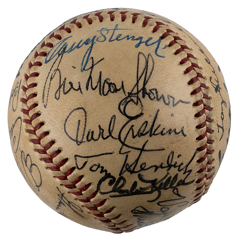 1950s New York Area Hall of Fame & Star Multi-Signed OAL/Harridge Baseball with (24) Signatures Including Casey Stengel with Full JSA LOA